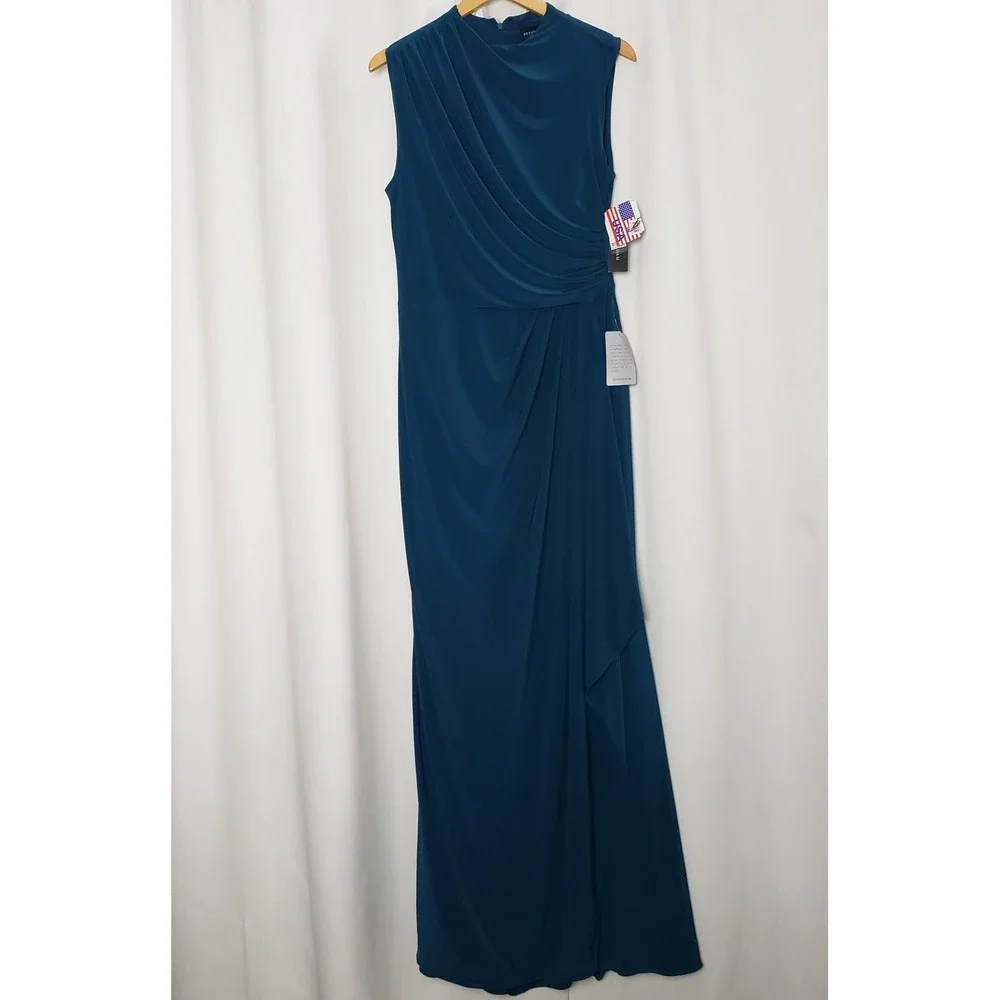 Betsy & Adam Dress Size 12 Mallard Teal Ruched Mock Neck Draped Maxi Gown - Picture 4 of 11